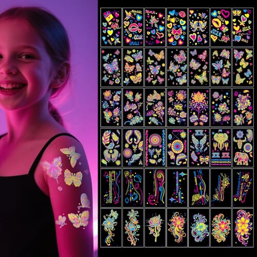 Kievano 42 folhas de tatuagem temporária néon UV, autocolantes luminosos para rosto e corpo, 6 séries (dia dos namorados, borboletas, flores, encontros, minimalista, florais) – autocolantes de