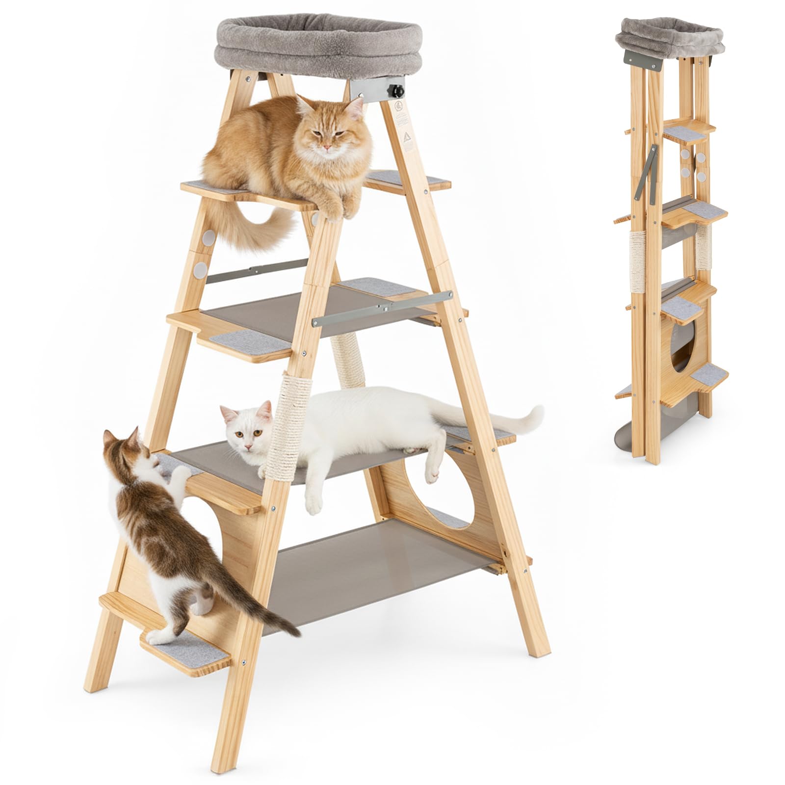 COSTWAY Wooden Cat Tree, Foldable Cats Climbing Tower Furniture with Upholstered Top Perch, Hammocks, Ladders & Sisal Scratch Posts, Space-saving Multi-Level Kitten Activity Center for Indoor Cats