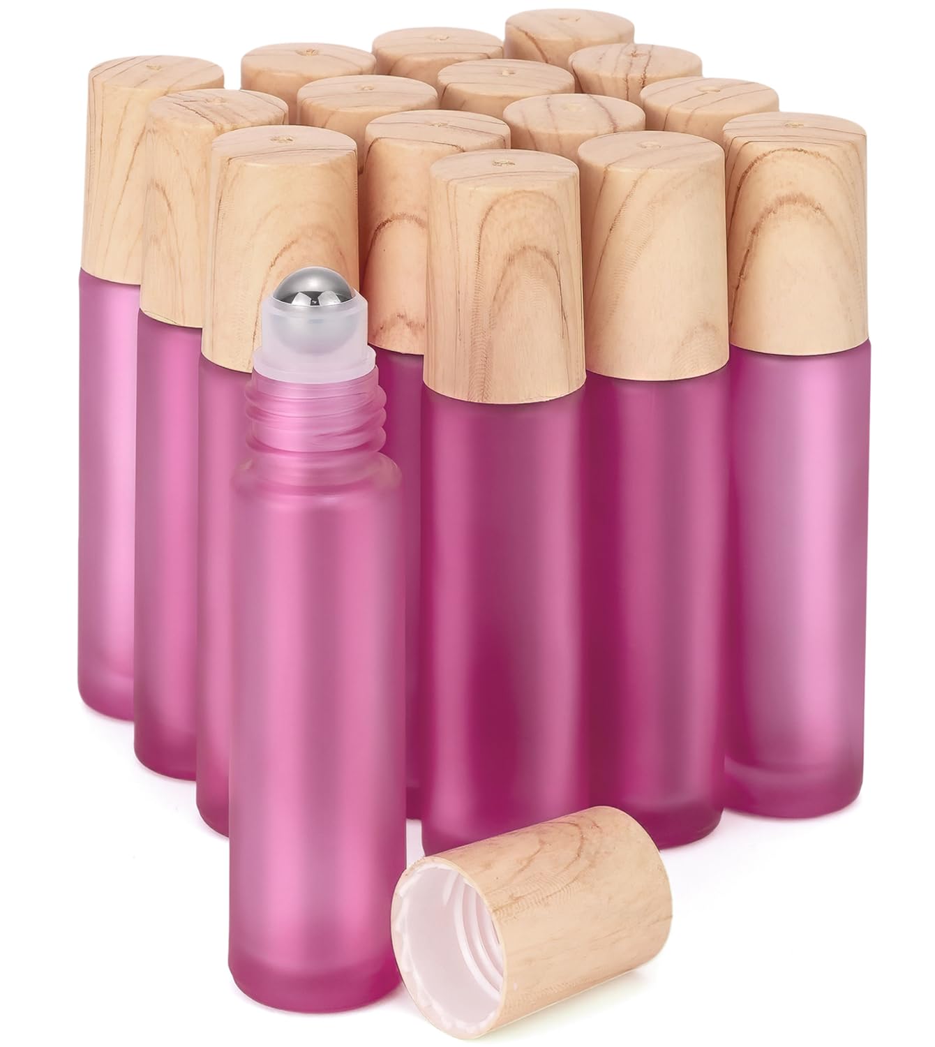 Ellbest 16pack 10ml Essential Oil Glass Bottle Glass Roller Bottles with Stainless Steel Roller Balls Reusable Refillable Bottle(Pink Frosted)