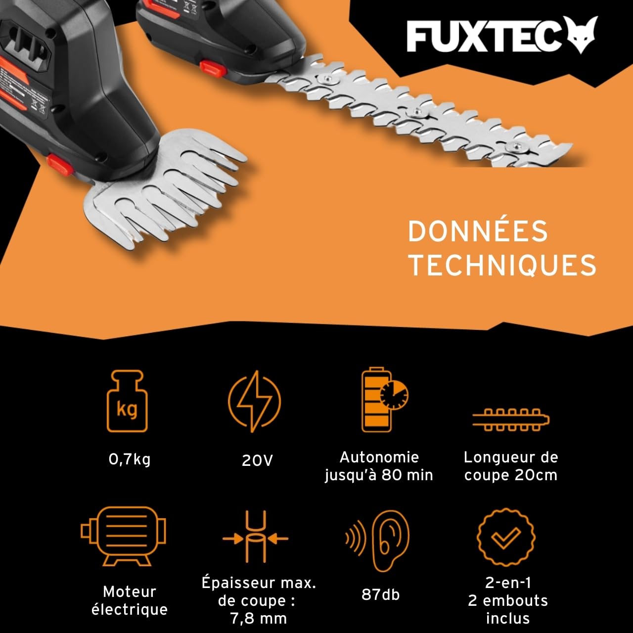 FUXTEC Taille-Haies Manuel sans Fil 20V FX-E1HHS20SET - 0,67Kg Poids, Taille du Guide de 20cm, diamètre de 10,5cm, avec Batterie