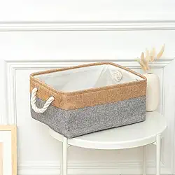 1 Caixa Cesto Organizador De Tecido Linho Dobrável 31x21x13 (cinza com palha)