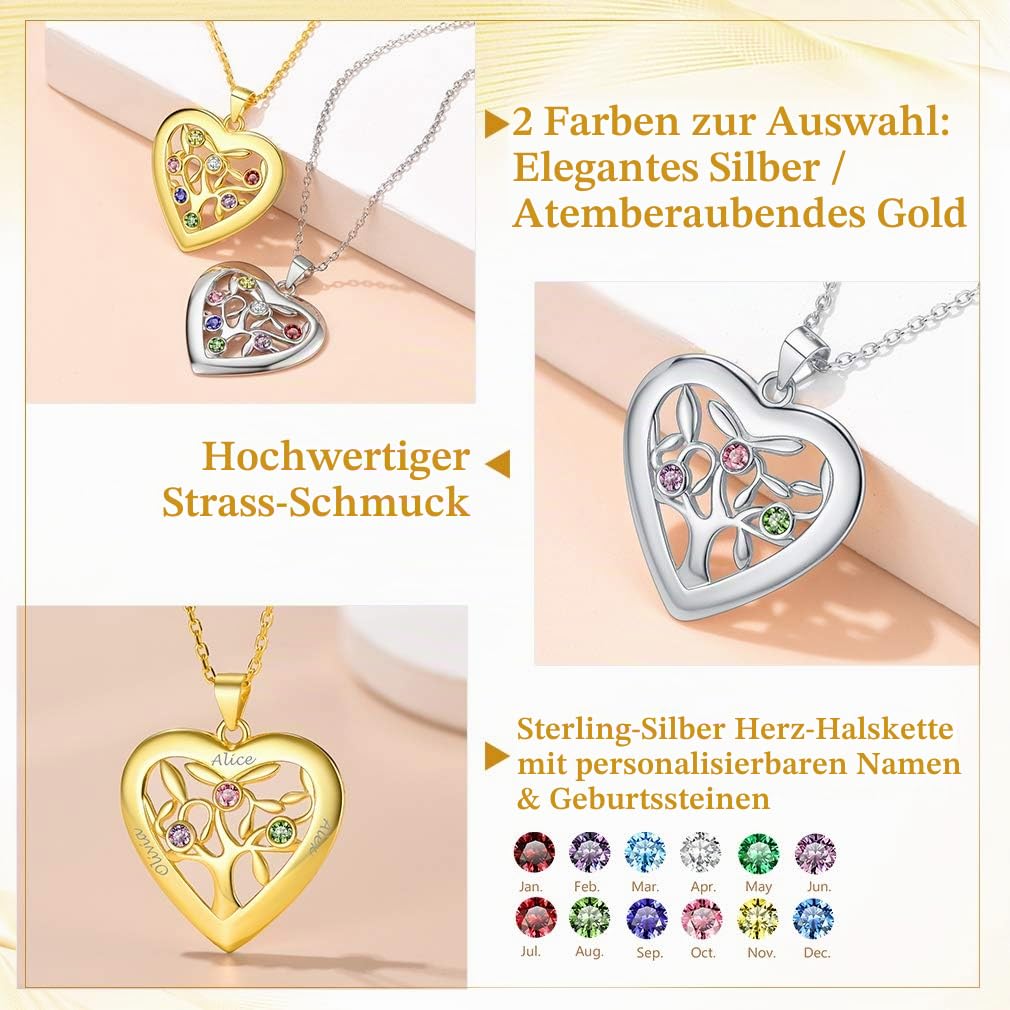 Custom4U Edelstahl/S925 Silber Lebensbaum Namen Halskette mit 2-7 Namen und Geburtsstein，Namenskette Stammbaum zu Gravur Familienkette Mit Geburtsstein Familienbaum Halskette Halskette