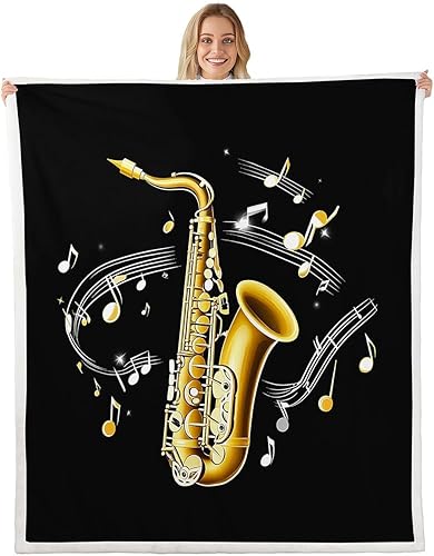 Erosebridal Manta Sherpa de saxofón con notas musicales giratorias, manta de forro polar para niños, niñas, temática de música retro de jazz,