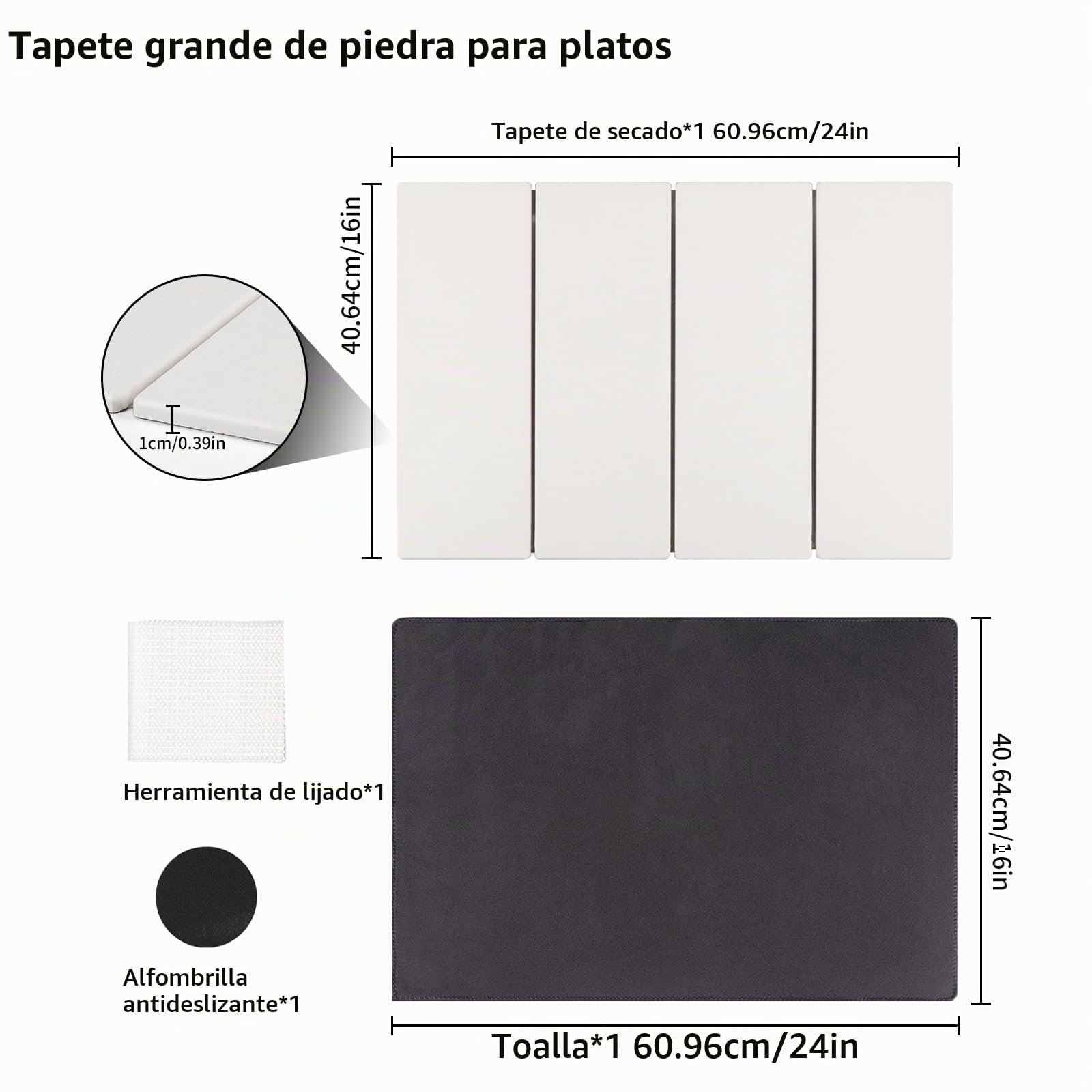 Alfombrilla Escurreplatos de Diatomita, 60x40cm Alfombra de Secado de Piedra Plegable con Toalla, Escurridor de Platos Absorbente Piedra, Secado Rápido, para Fregadero y Cocina Bano Encimera, Blanco