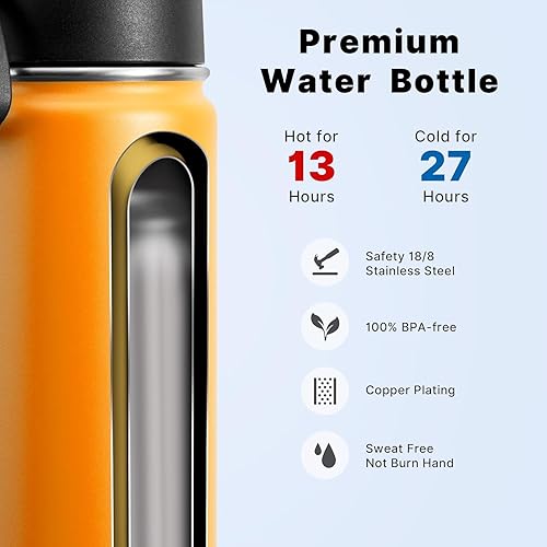 Miniatura 3 de koodee Botella de agua con pajita, acero inoxidable de 12 onzas, doble pared aislada al vacío, botella de agua deportiva de metal sin BPA (amarillo