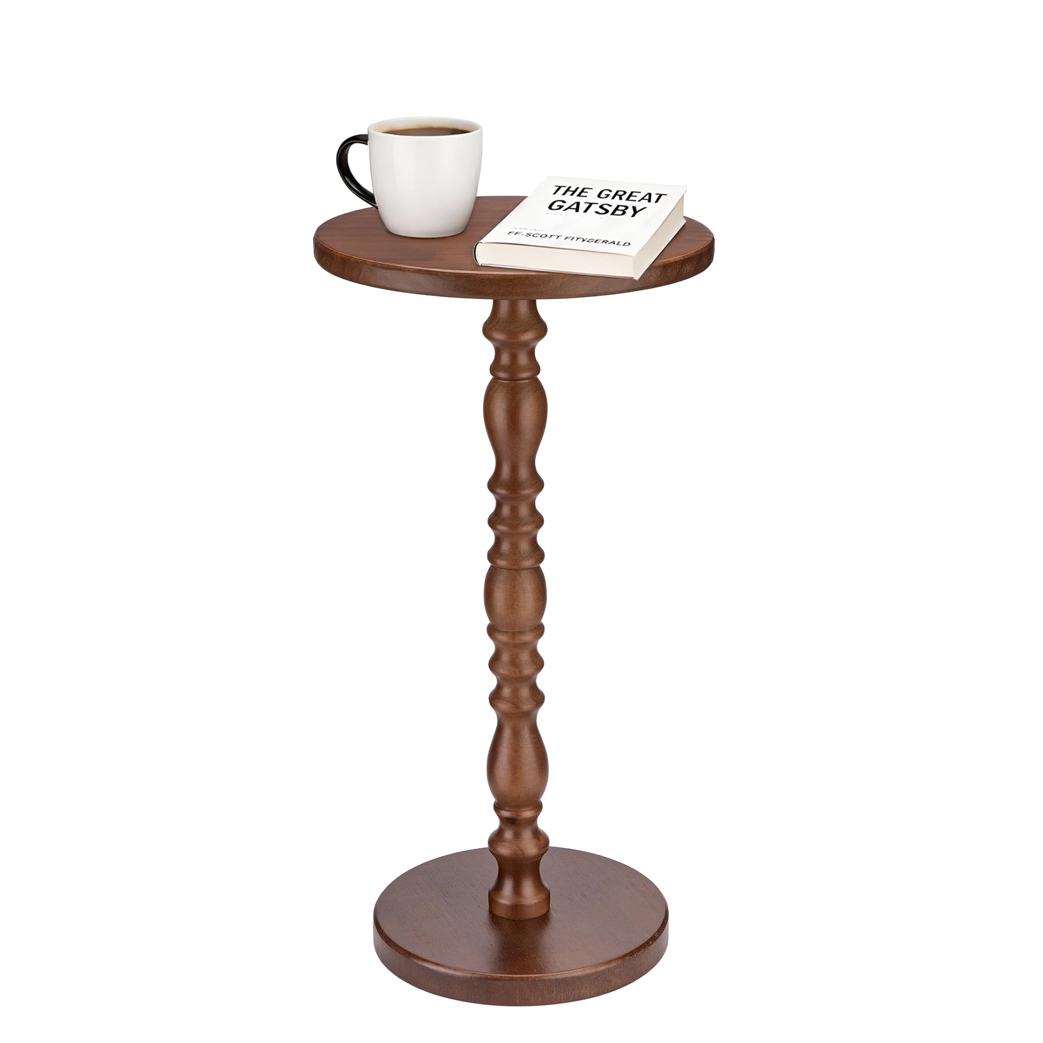 Junistra Round Drink Table, Small Pine Wood Sculpted Pedestal Side Table for Sofa, Living Room, Bedroom and Small Spaces, Brown
