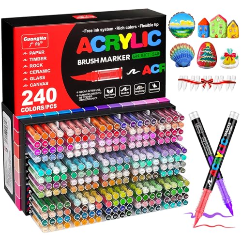 Camiki Art Acrylic Paint Pens 240 Colours Acrylic Brush Paint Markers Acrylic Markers for Rock Painting Stone Glass Ceramic Wood Metal Fabric