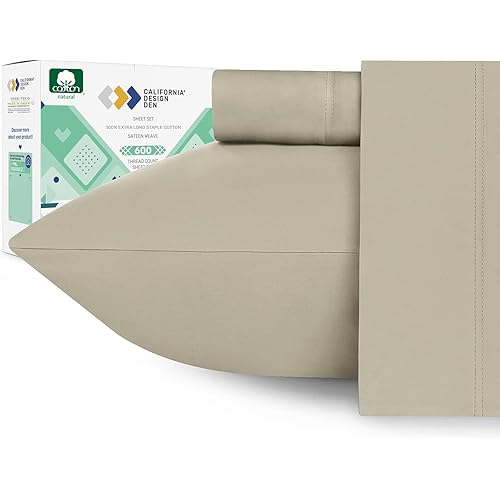 California Design Den - 5 Star Hotel Twin Sheet Set, 100% Cotton Sheets, 600 Thread Count, Deep Pocket, Snug Fit, Soft & Crisp Bedsheet Set & Pillowcases, Sateen Weave, 3 Piece Set (Twin, Taupe)