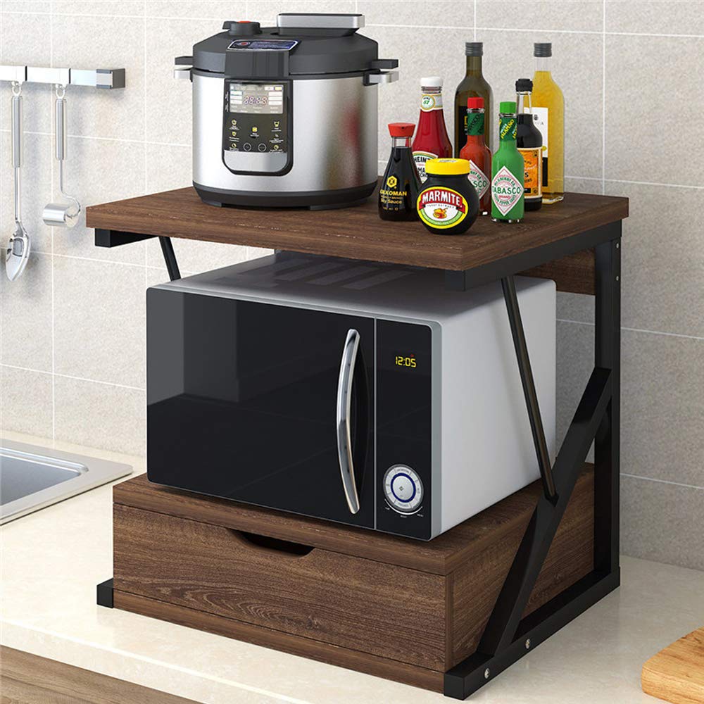 Redd Royal Black 2-Tier Countertop Microwave Oven Shelf Stand With Drawers, Kitchen Baker's Rack Spices Storage Organizer Shelving Unit Freestanding Wood Top Metal Frame
