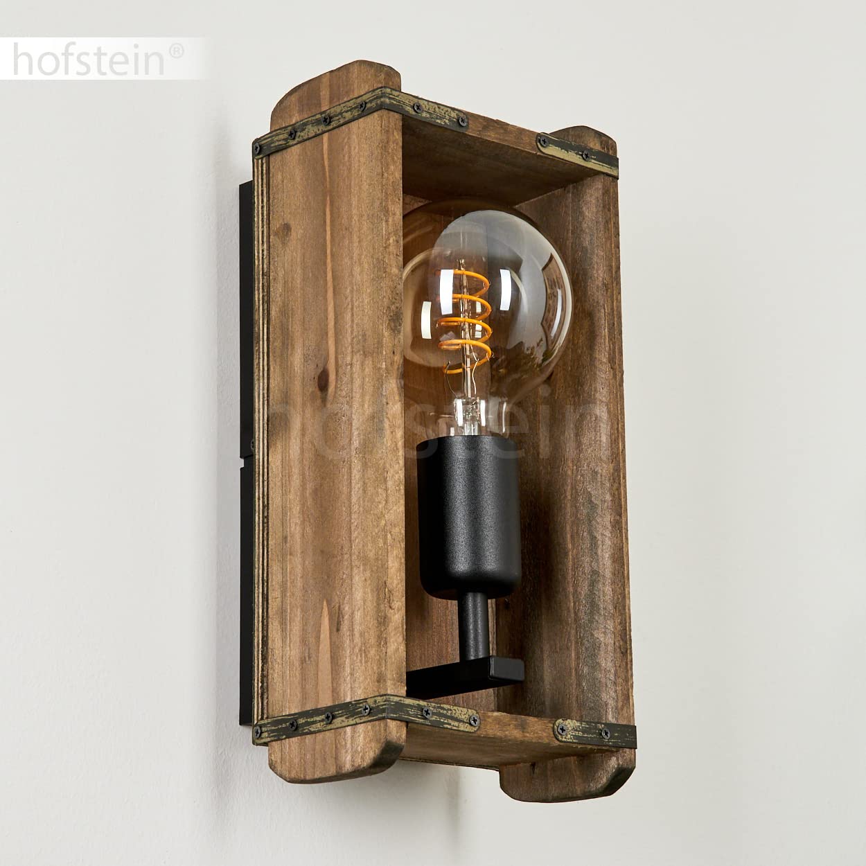 Wandleuchte Avestruz, Vintage Wandlampe aus Metall/Holz in Schwarz/Natur, 1-flammig, 1x E27, Wandspot im angesagten Retro Design aus Echtholz, ohne Leuchtmittel