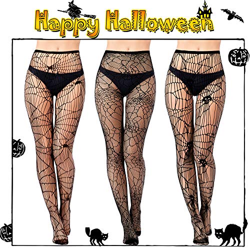 SATINIOR 3 Pieces Women Halloween Skull Fishnet Pantyhose Spiderweb Pattern Tight Mesh High Stockings, 3 Styles4