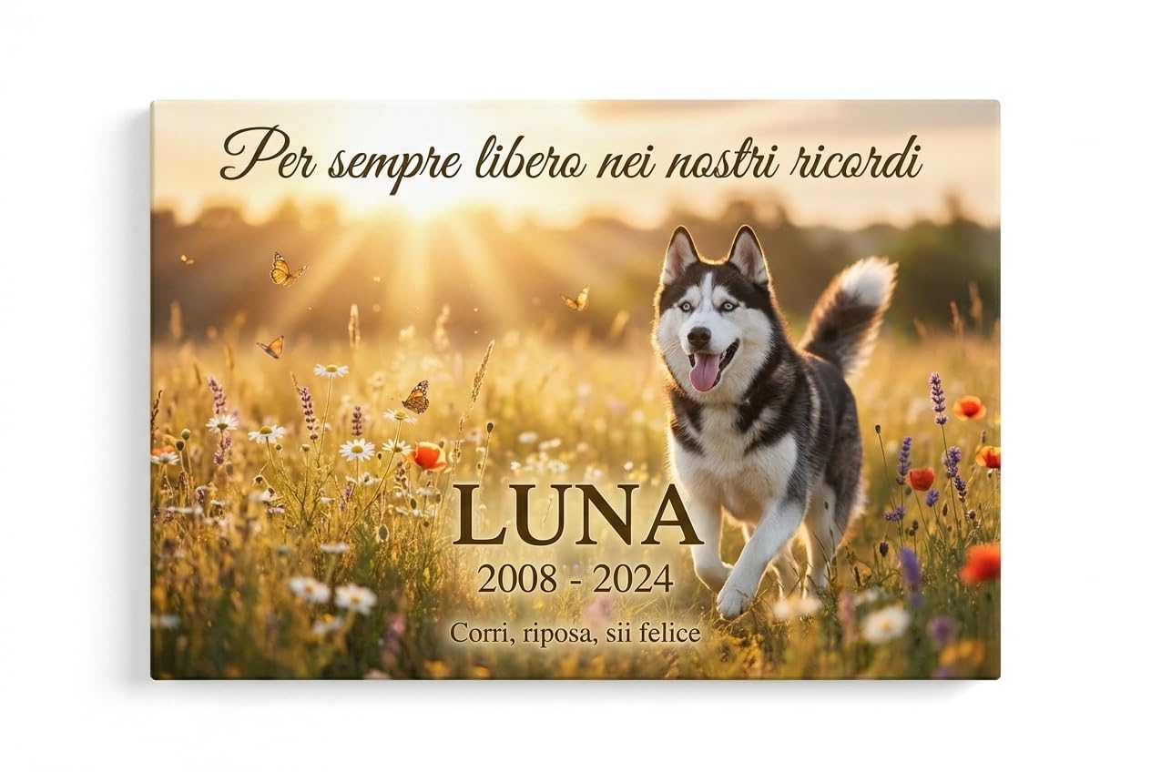 BKCREATIONS Tela commemorativa personalizzata animale Prato Paradisiaco - Cane gatto ricordo - Regalo condoglianze cornice legno (40 x 30 cm)