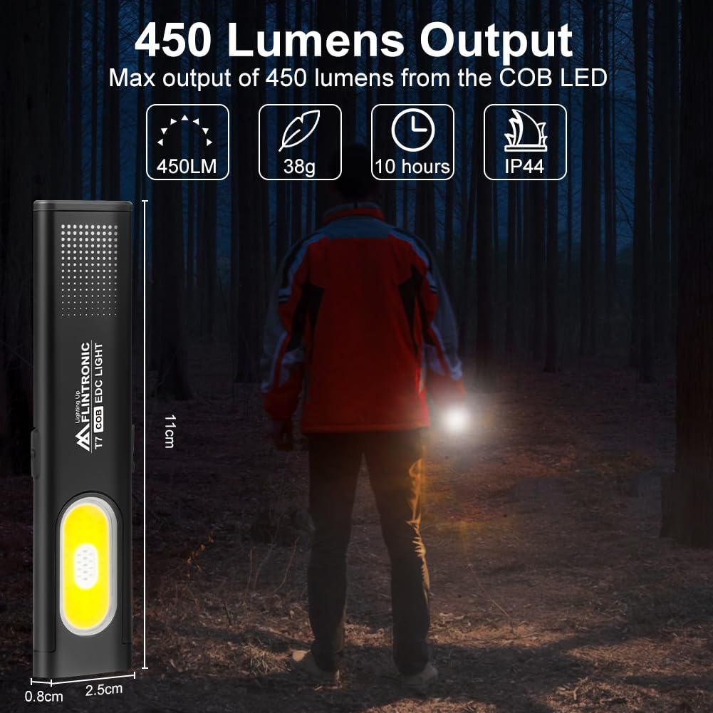 flintronic Lampa robocza LED, mini latarka, typ C, lampa robocza z możliwością ponownego ładowania, lampa kontrolna COB z magnesem i klipsem, 6 trybów jasności, na kemping, wędrówki, do domu