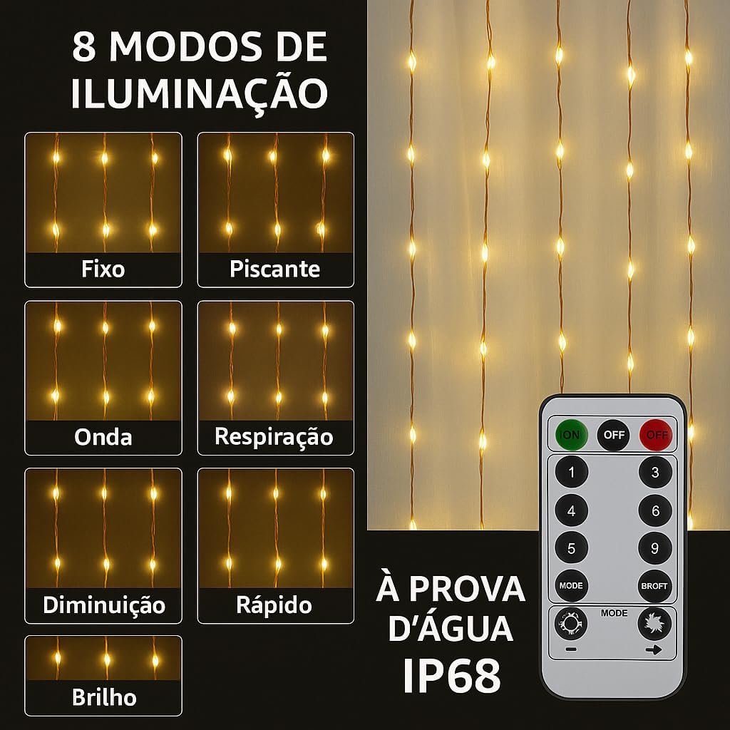 Cortina de Luz LED 3x3m com 300 LEDs Branca Quente | USB, Controle Remoto, 8 Modos, IP68 | Natal, Festa, Casamento, Quarto | A Única Loja Autorizada | Decoração Encantadora com Fio de Fada Cortina de Luz LED 3x3m com 300 LEDs Branca Quente | USB, Controle Remoto, 8 Modos, IP68 | Natal, Festa, Casamento, Quarto | A Única Loja Autorizada | Decoração Encantadora com Fio de Fada