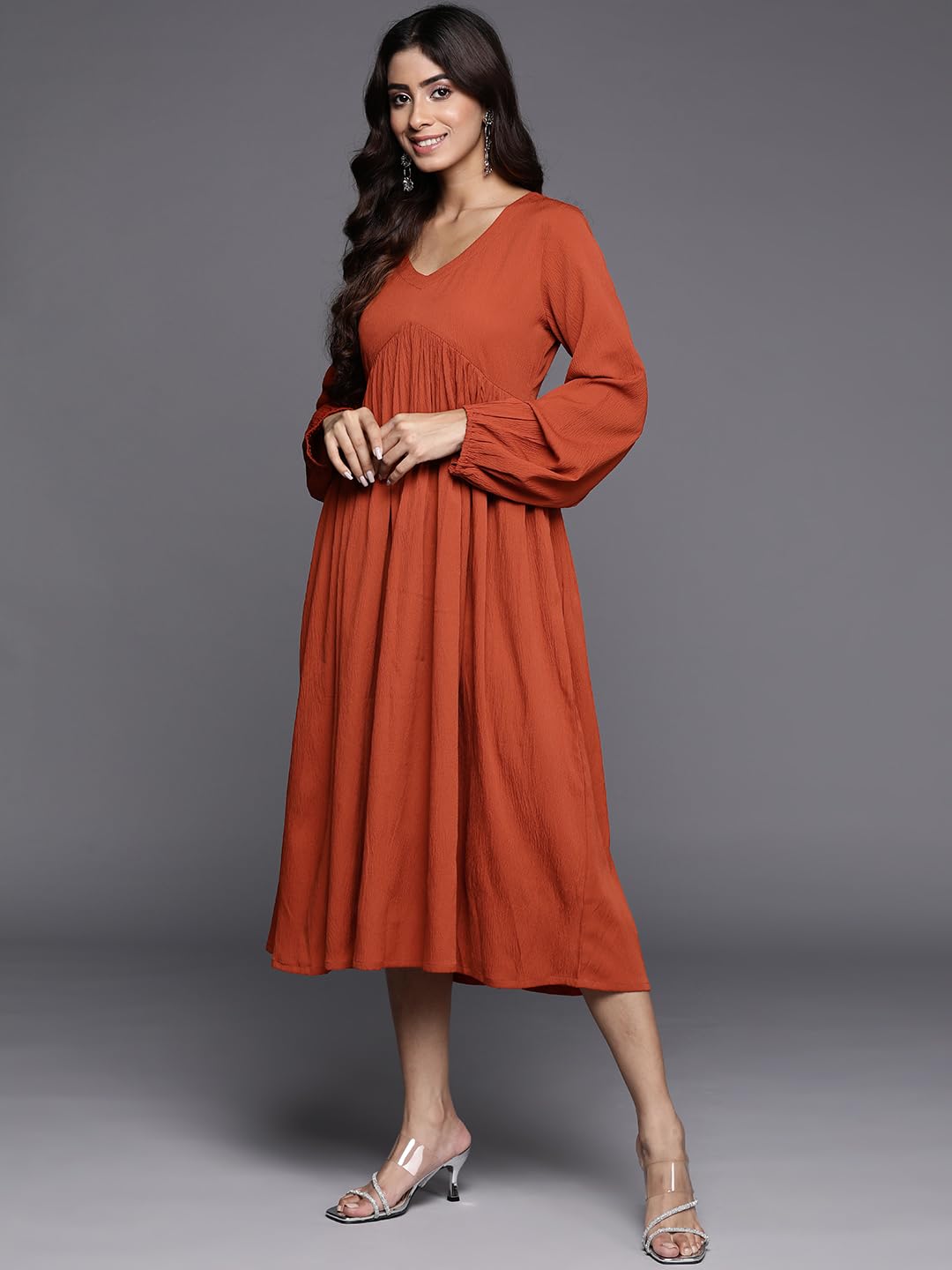 Varanga Women Rust V-Neck A-Line Dress With Bishop Sleeves And Gathered Details, Calf Length (Extra Large)