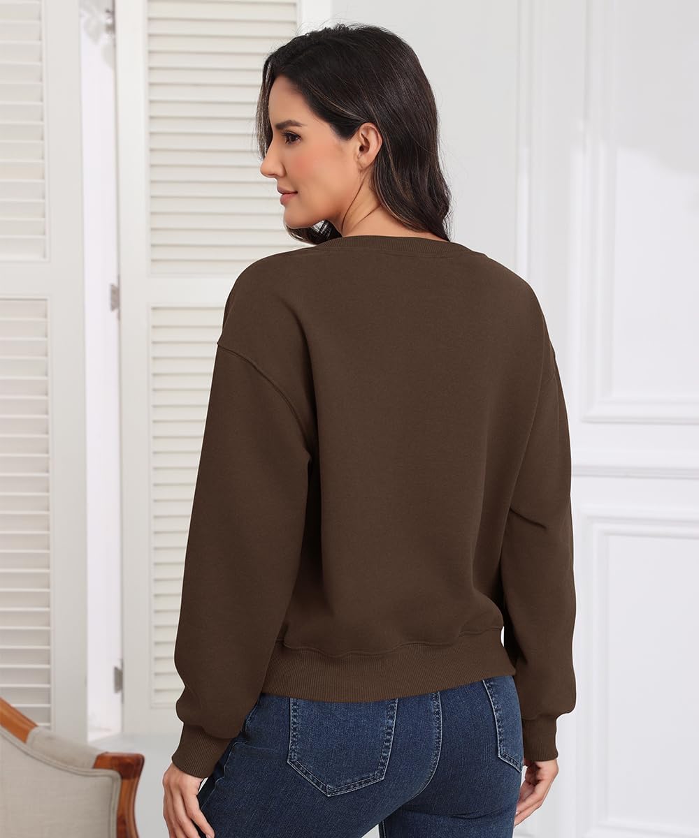 Smile Fish Women V Neck Long Sleeve Sweatshirt Casual Relaxed Cropped Pullover Fleece Lined Warm Tops - Image 2