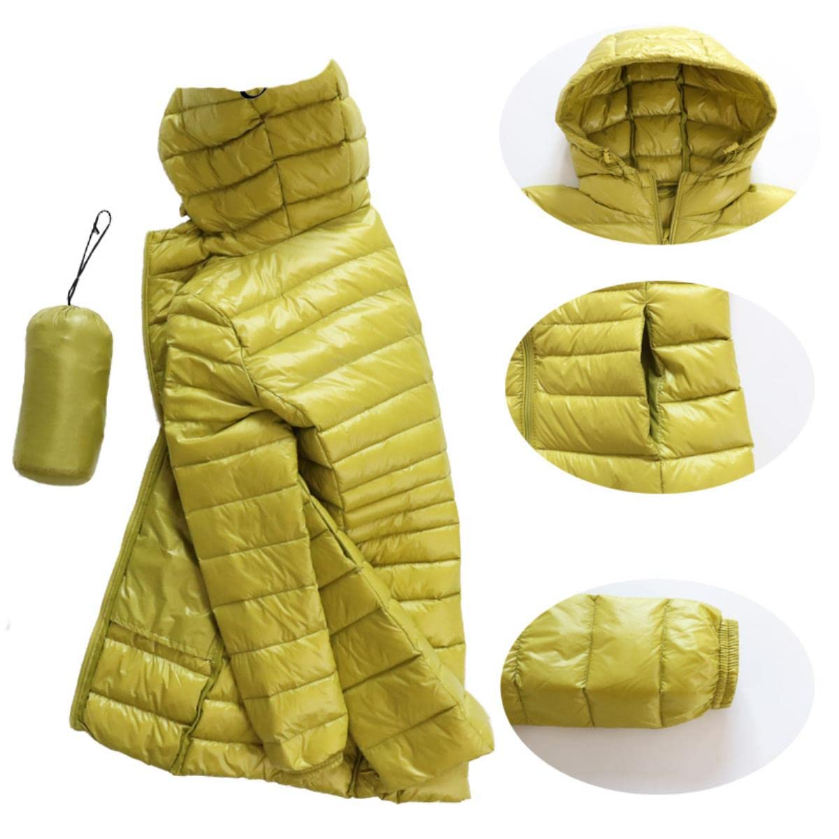 Piumino lungo da donna caldo con borsa portatile da donna, ultra leggero e ultra leggero, da donna, lunghezza ai fianchi, cachi, 6XL