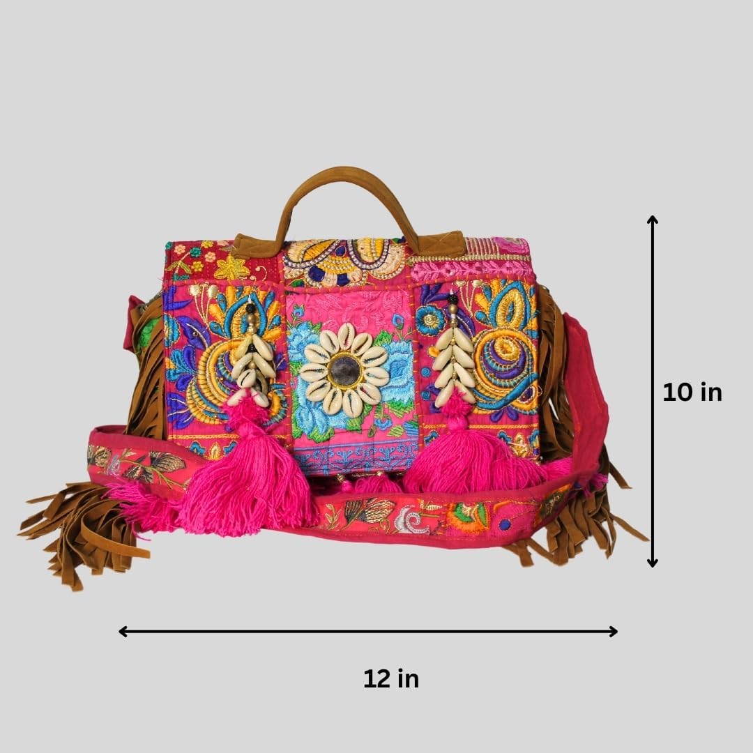 Gorgeous Boho 100% Handmade Patchwork Appliqué Kambhari Shoulder Shells Tassels Bag from Rajasthan, India