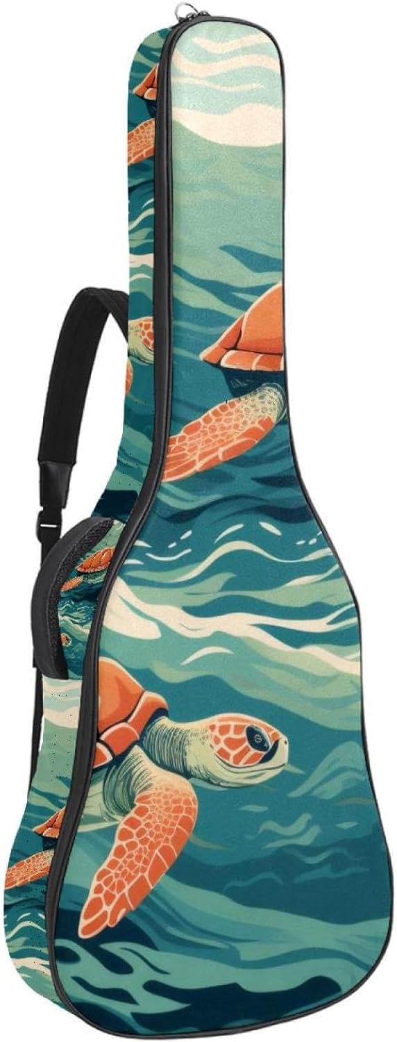 Acoustic Guitar Gig Bag 1 cm Thick Padding, Waterproof Electric Guitar Bag 40-42 Inch Guitar Case Backpack with Dual Shoulder Strap, Cute Sea Turtle Ocean Wave Pattern