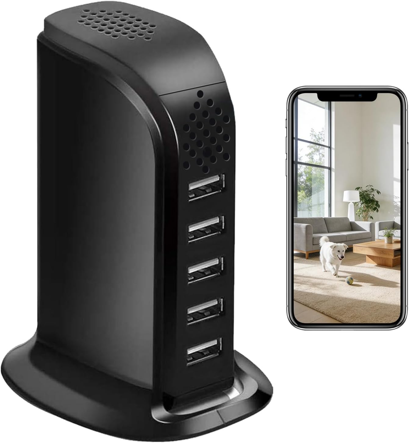 HD 1080P WiFi USB Charger Video Camera for Securtiy, Mini Camera Indoor Loop Filming Motion Detection Remote View, Video-only Surveillance Nanny Cam Pet House Office, 5Port Hub, No Audio