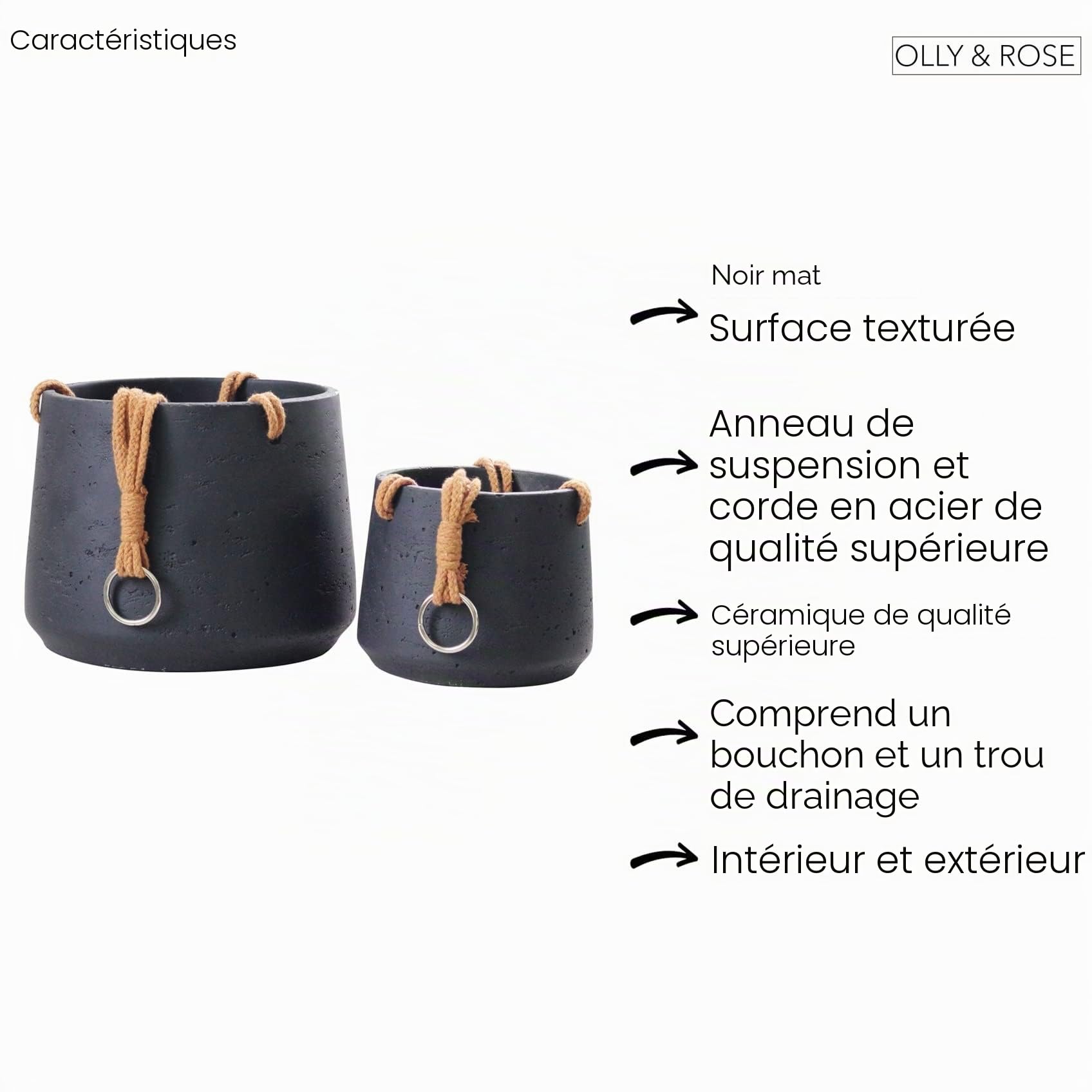 Copenhagen Lot de 2 Pots de Fleurs à Suspendre en céramique Noir Mat – Comprend Une Corde de Suspension – Pots de Fleurs à Suspendre en Ciment en céramique pour intérieur et extérieur – Effet texturé