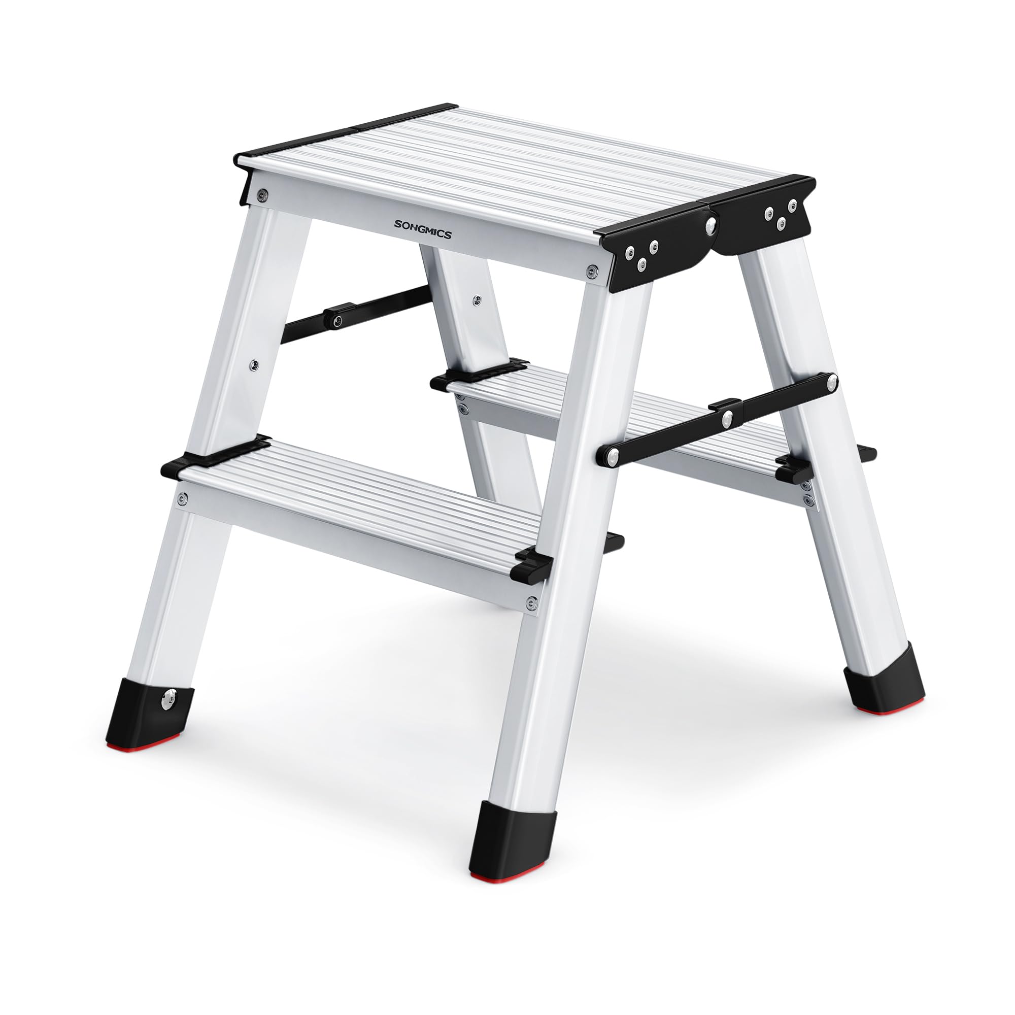 SONGMICS Escalera Plegable, Escalera de Mano, Escalera de Aluminio con 2 Peldaños Antideslizantes, Multifuncional, Carga de 150 kg, Gris Plata y Negro Tinta GLT012E01