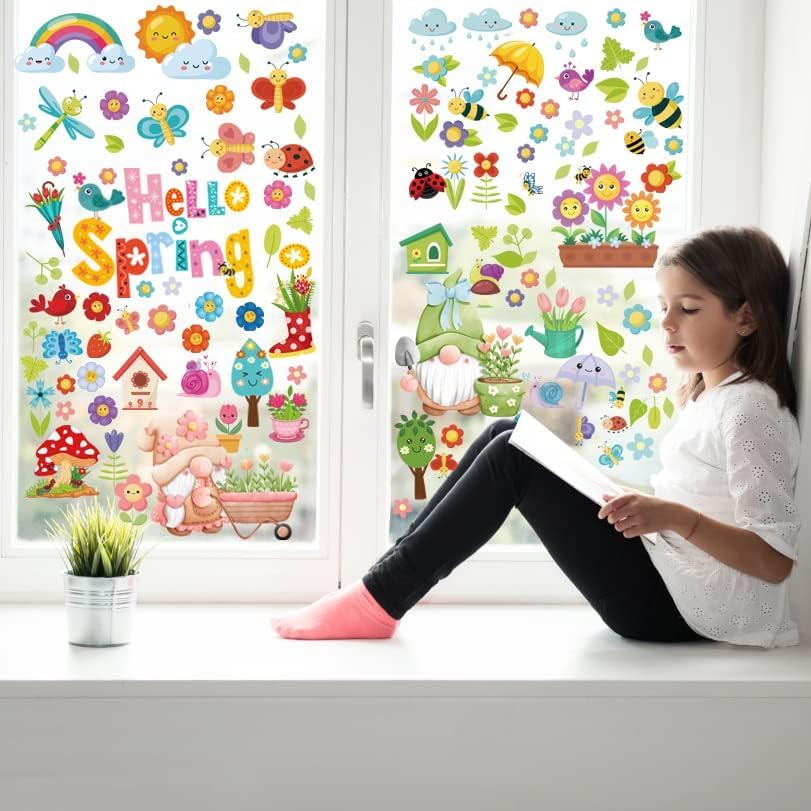 Adesivi per finestre FIORI in VASI colorati decorativi I Decorazioni (30 x 60 cm), Decorazioni per Cameretta, Camera da Letto, Bagno, Cucina, Adesivi Riutilizzabili e Facili da Applicare