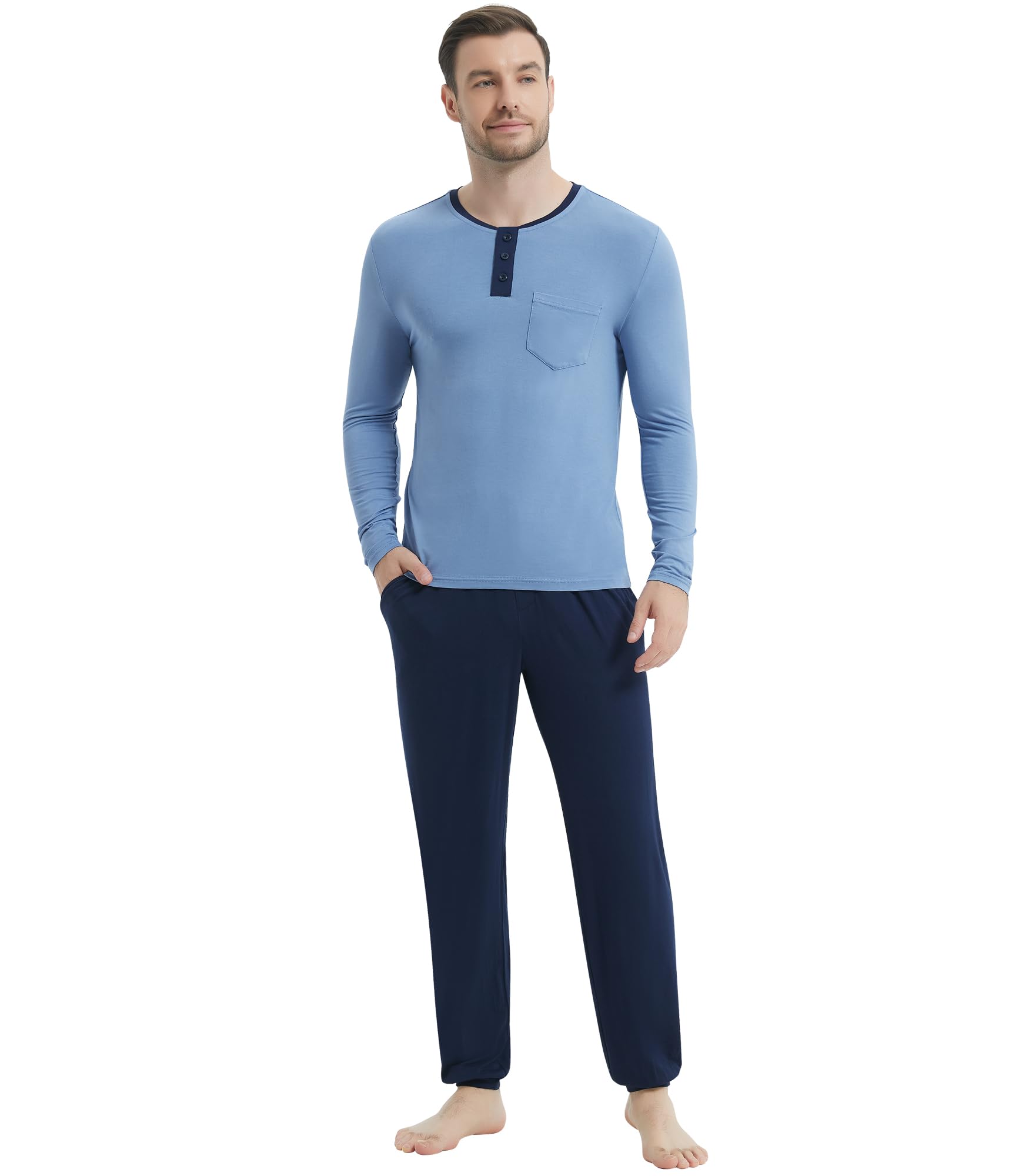 NACHILA Mens Pajamas Set Viscose Made from Bamboo Henley Top Sleep Pants