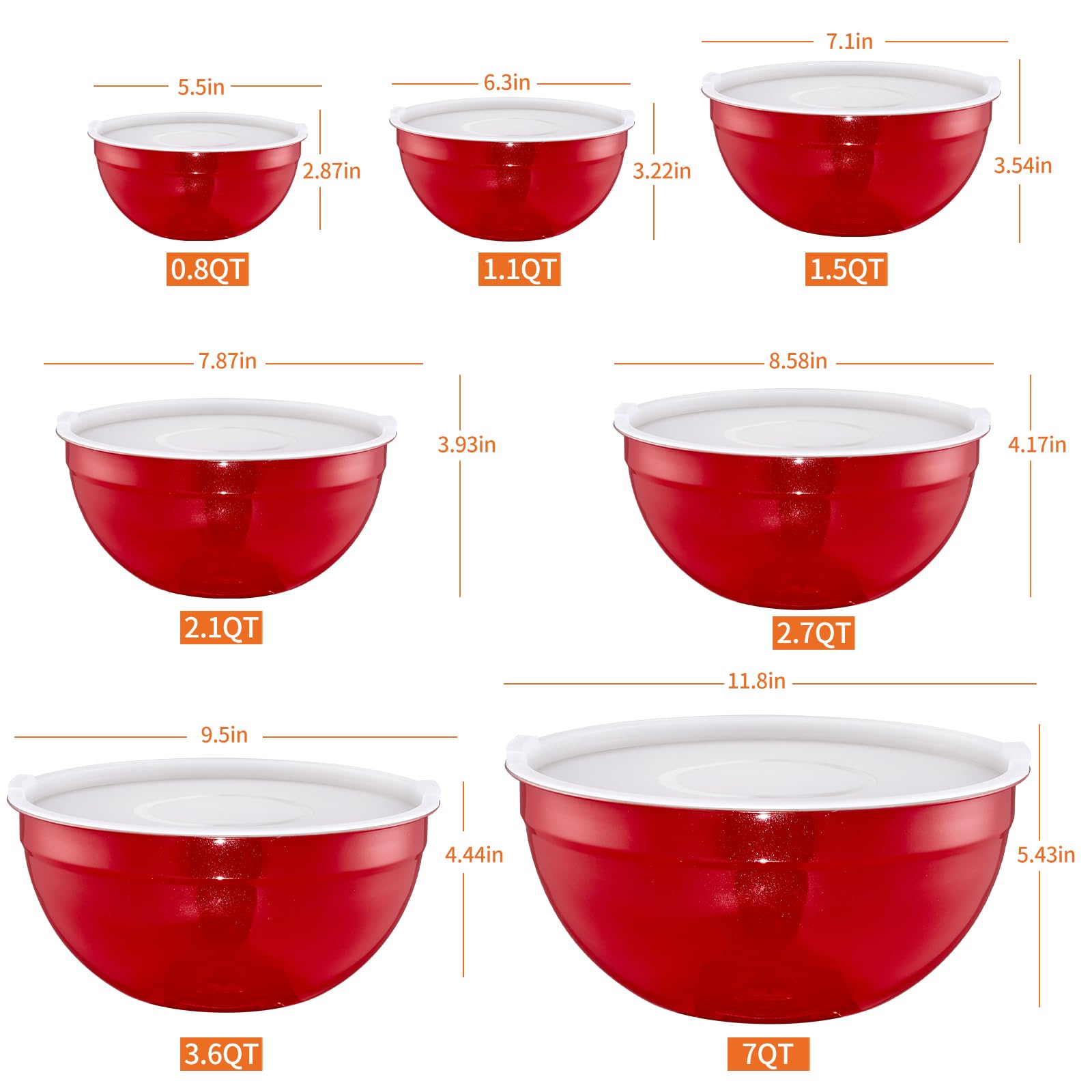 Cuencos rojos para mezclar con tapas herméticas, juego de 7 cuencos de acero inoxidable, ideales para hornear, preparar y servir alimentos, tamaño 7, 3.6, 2.7, 2.1, 1.5, 1.1, 0.8 cuartos de