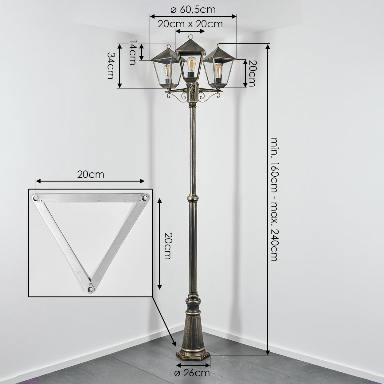 Kandelaber Anfei, Außenwegeleuchte aus Metall/Glas in Schwarz/Gold/Klar, Leuchte im Vintage/Antik/Landhaus-Design für Außenbereich/Garten/Terrasse, Höhe 240 cm, 3 x E27, ohne Leuchtmittel, IP44