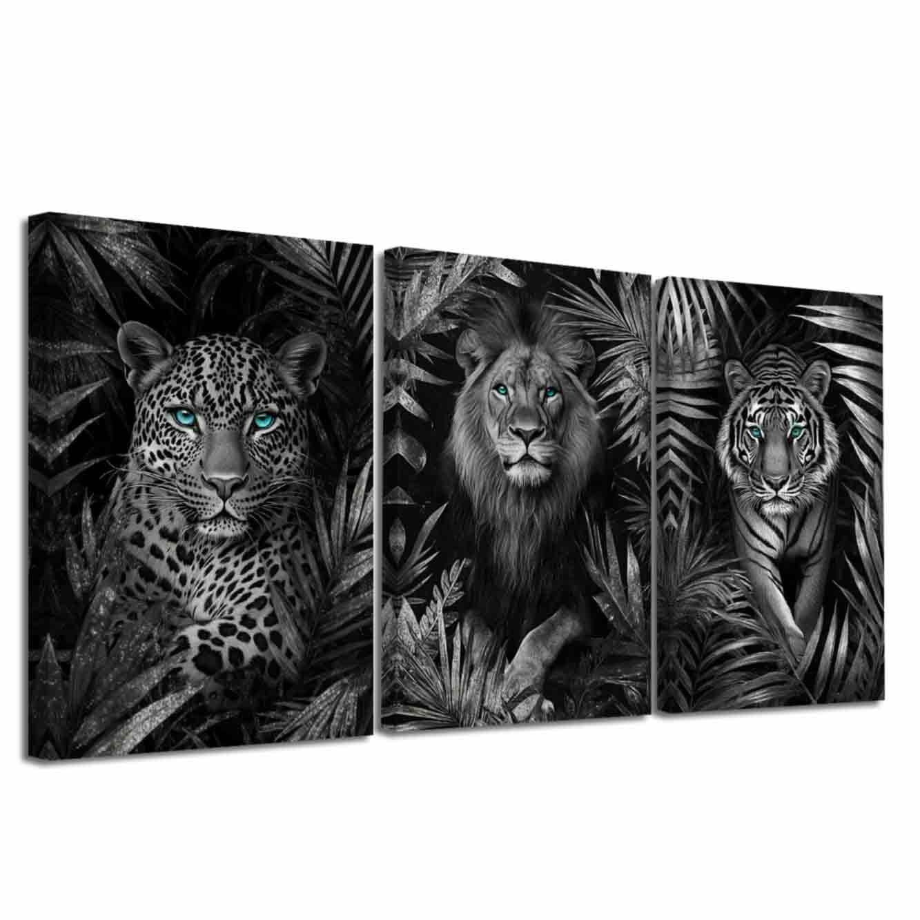 LZIMU 3Pcs Jungle Animal Canvas Wall Art Tiger Lion Leopard with Leaves Pictures Prints African Wildlife Paintings Poster Hunting Cabin Artwork Home Decor (Black and White, (30x40cmx3 Pieces))