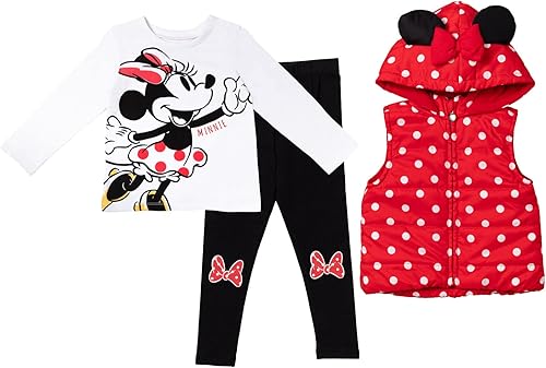 Disney Minnie Mouse - Conjunto de camiseta y leggings acolchados con cremallera y chaleco de 3 piezas para bebés y niños grandes