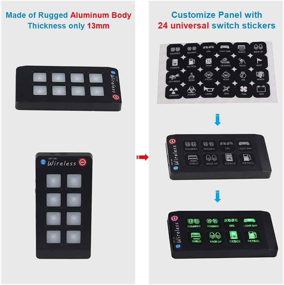 WATERWICH 8 Gang Wireless Source Control Switch Panel DC12V Electronic Power System Modular Magnetic Fixing Bracket DIY Mount Waterproof Fuse Relay Box Wiring Harness for Car Truck Boat RV CamperJeep : Automotive