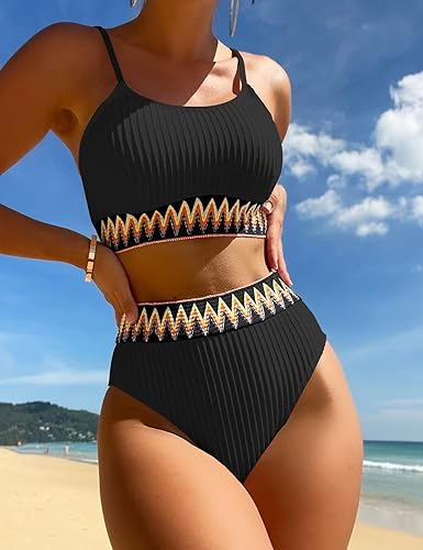 Miniatura 3 de Zuvebamyo Traje de baño de cintura alta para mujer, conjunto de bikini acanalado de dos piezas, top corto, corte alto, trajes de baño atrevidos