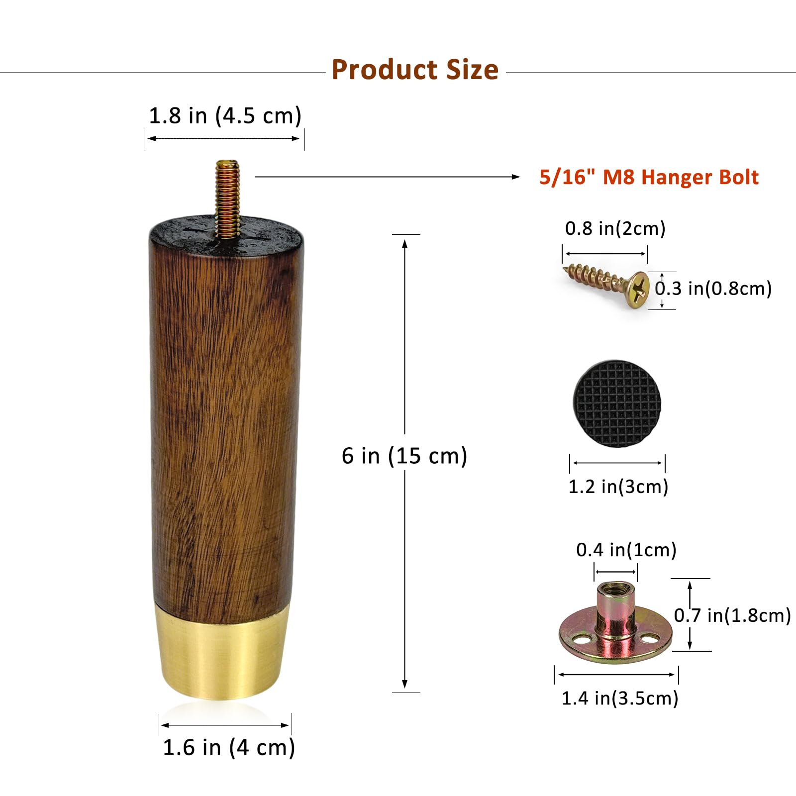 Vilanca 15cm Wooden Furniture Legs with Gold Cap Set of 4 Sofa Replacement Solid Wood Furniture Feet for Armchair Couch Cabinet Dresser Ottoman TV Stand Bed Legs (6inch) - Image 3