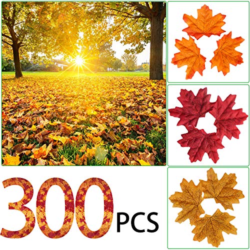 MerryNine 300 Assorted Mixed Deep Fall Colored Artificial Maple Leaves for Weddings, Thanks-Giving, Events and Outdoor Maple Leaf Cafe Decoration (300 Pieces)
