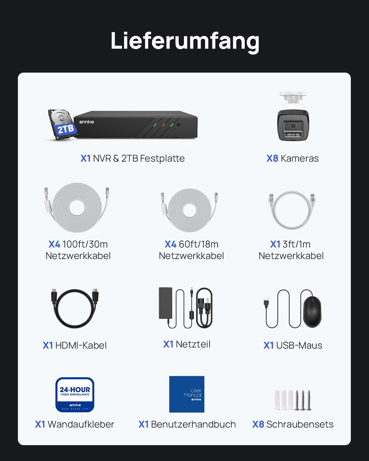 ANNKE 3K PoE Überwachungskamera Set, 4K 8CH NVR mit 2TB HDD, 2-Wege-Audio