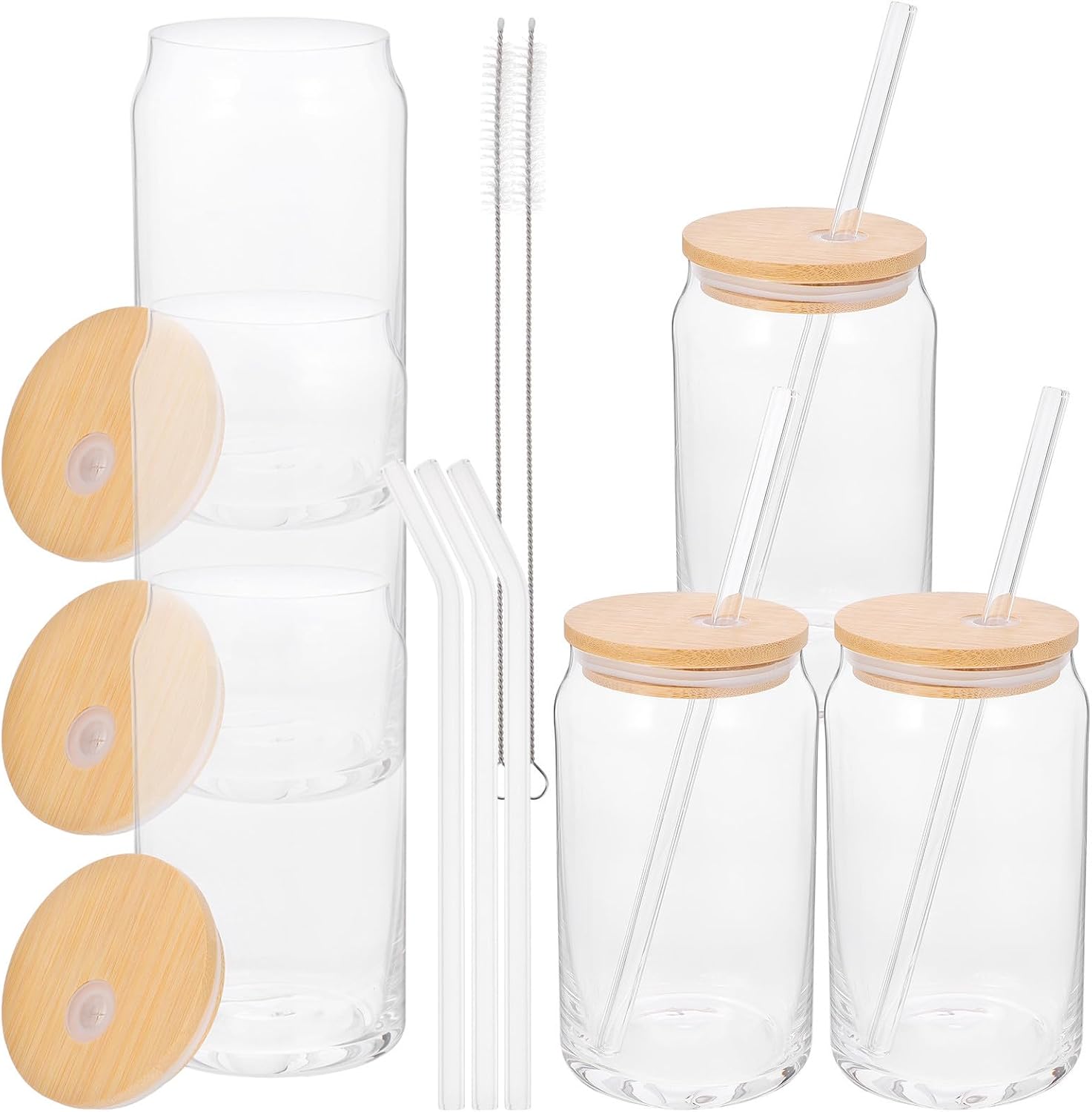 WOONEKY 16oz Glass Can Cups with Lids and Straws, Reusable Flat Bottom Bottle Design Drinking Cups for Daily Use and Cafés, Includes Wood Lid,
