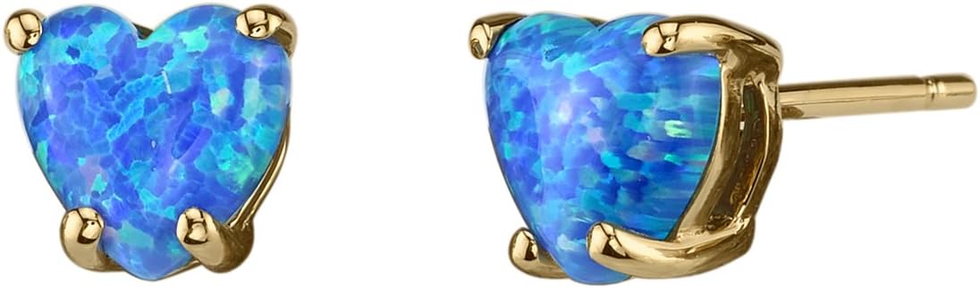 Peora 14K Yellow Gold Created Blue Fire Opal Heart Stud Earrings for Women, Classic Solitaire Studs, 6mm, 1 Carat total, Friction Back, October Birthstone Earrings, Dainty, Iridescent Earrings