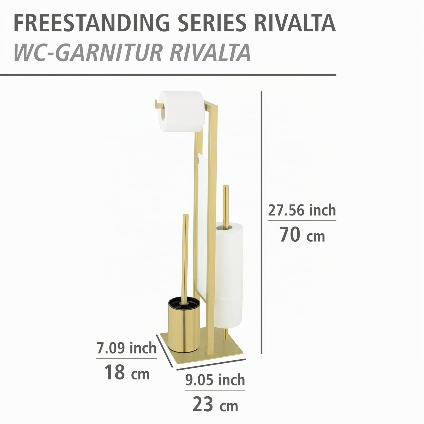 Stand Rivalta Gold - Escobillero de inodoro de pie 3 en 1 para papel higiénico, ruedas de repuesto y escobilla de inodoro, acero inoxidable, 18 x 70 x 23 cm, color dorado