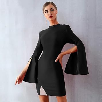 Invierno Mujer Vestido Vendaje Rojo Manga Acampanada Vestido Negro Club Elegante  Vestido Fiesta Noche celebridades-Black_XS : Amazon.es: Ropa