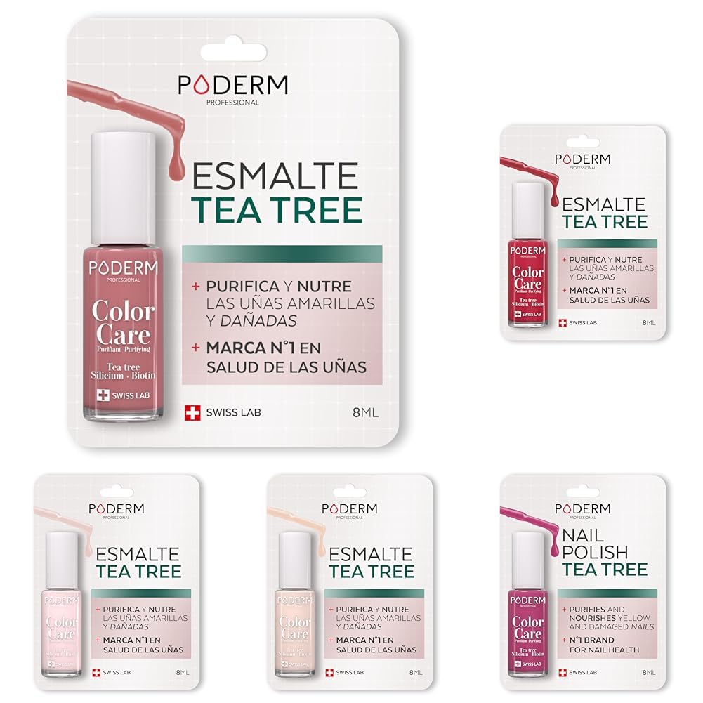 PODERM Esenciales de Esmalte de Uñas Timeless Shades con Árbol de Té – Fabricado en Suiza | Antifúngico con Aceite de Árbol de Té, Silicio y Biotina | Repara y Disimula Uñas Amarillas y Dañadas