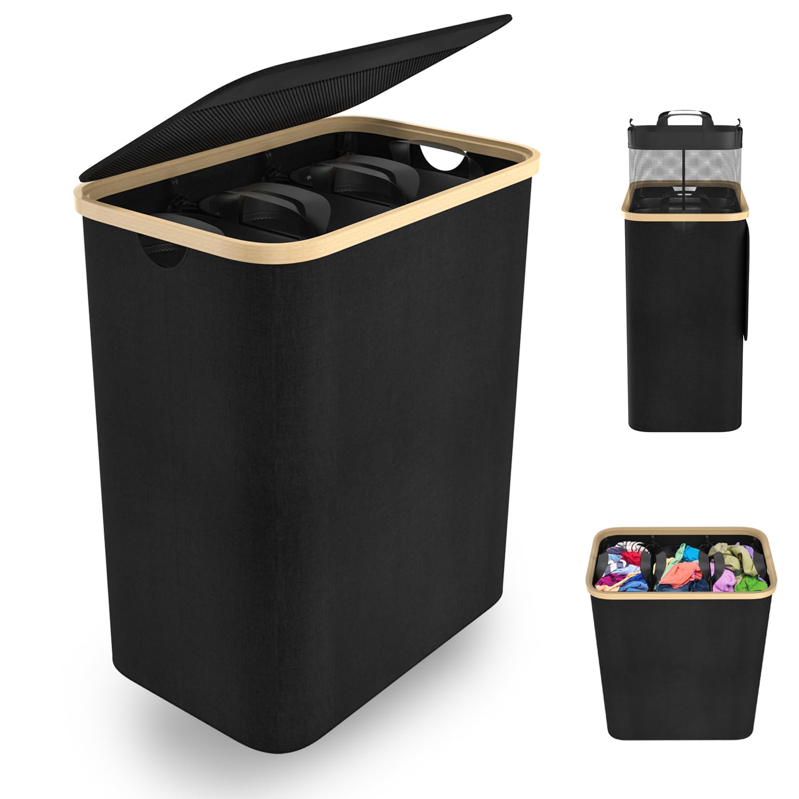 Froadp Cesto para la colada con 3 compartimentos, 140 L, plegable, con tapa, para baño y dormitorio, cesta resistente con asas, 3 bolsas de lavandería lavables (negro)