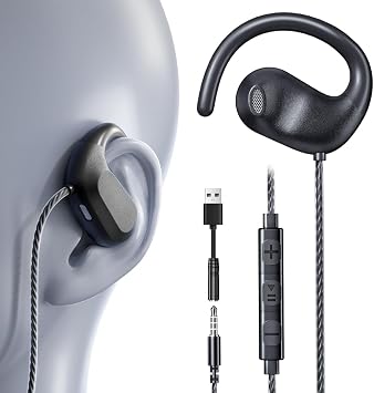 سماعات أذن سلكية مقاس 3.5 مم وسماعات رأس سلكية بمنفذ USB | سماعات أذن مفتوحة مع ميكروفون | سماعات أذن للجري مع خطاف أذن دوار وتحكم في مستوى الصوت | قابس سلكي للهواتف التقليدية والكمبيوتر الشخصي وAUX للسيارة وNintendo Switch