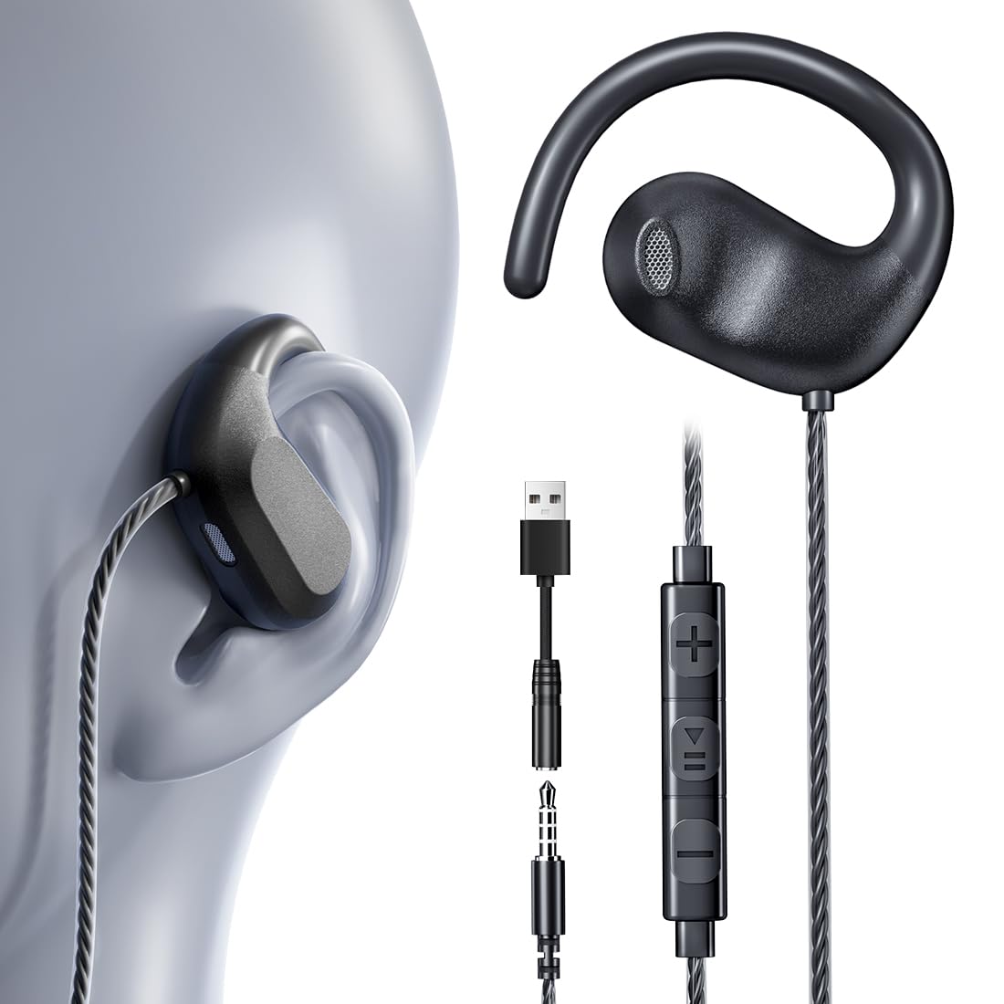 QOEKUEY Wired Open Ear Headphones with Microphone with in-Line Controls, 3.5mm Jack with Ear Hook for Smart Phones, laptops, Tablets, Desktop Computers, MP3 / MP4 Players. (3.5mm+USB)-image-12