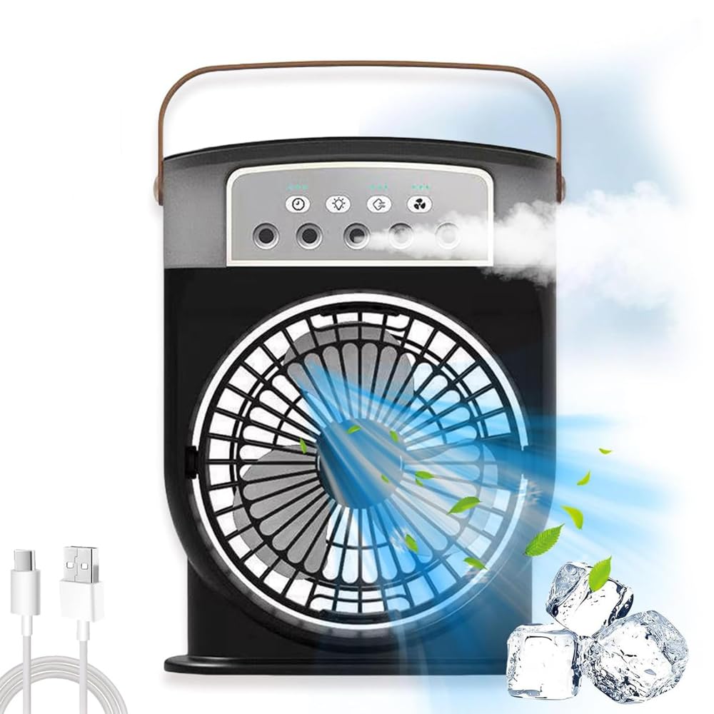 Aqua Freeze Portable Air Cooler Fan,USB Personal Air Cooler 5 Holes Spray Cooling Fan,Desk Misting Fan Spray Water Mist Fan with 600ML Water Tank Nightlights 3 Speed for Office, Home (Black)