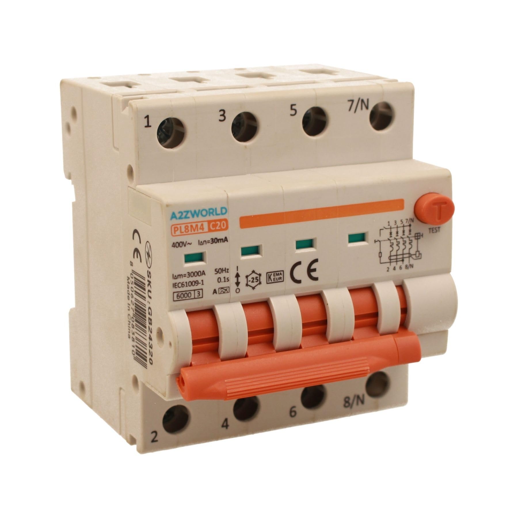 Interruptor diferencial magnetotérmico trifásico 380 V tipo A 20 A C20, 4P real (NO 3P + N), curva C 6 kA 30 mA, doble palanca con diagnóstico visual, 4 módulos DIN, serie PL8M4