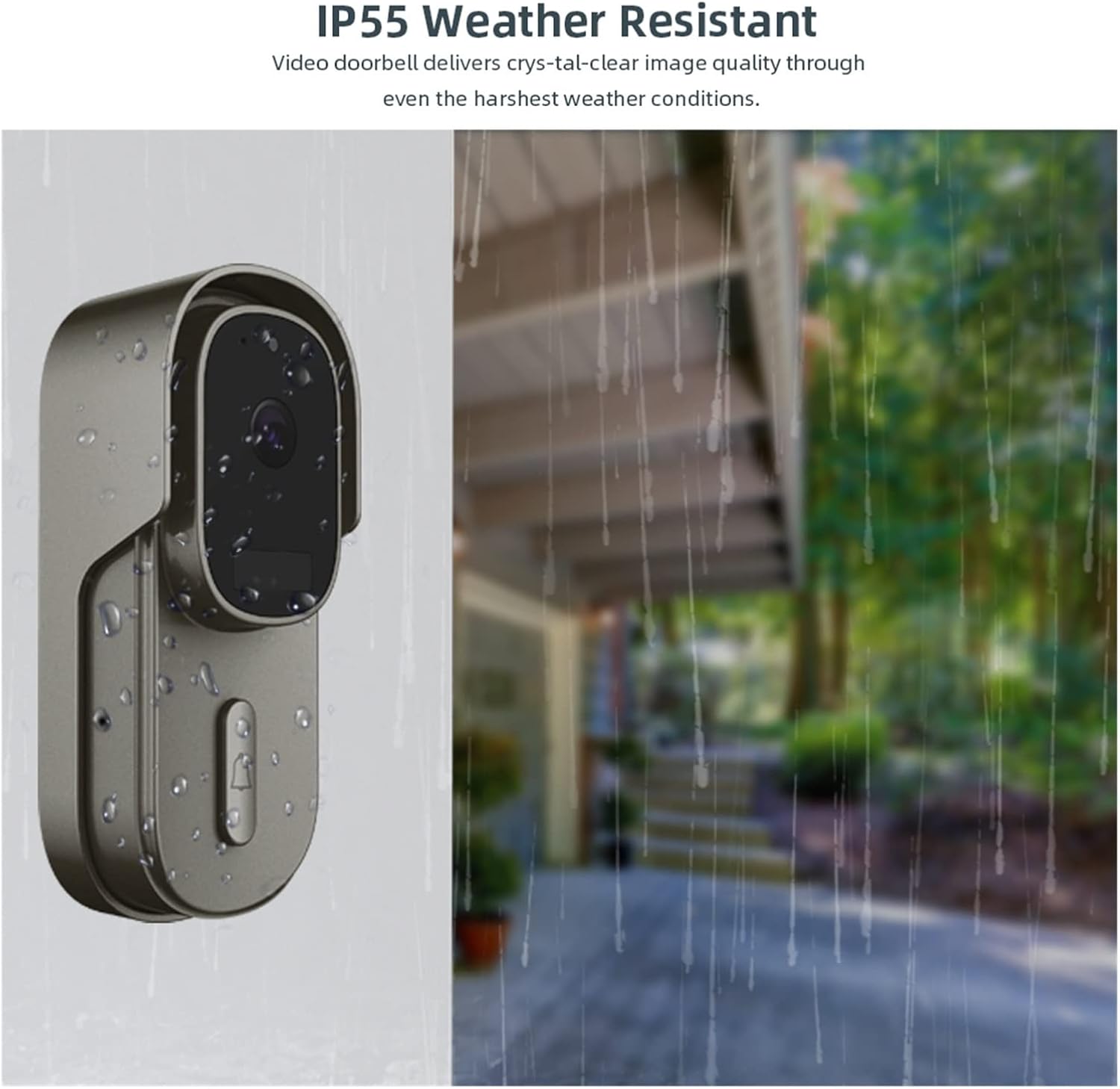 Image showing the doorbell camera mounted outdoors with rain streaks, illustrating its IP55 weather resistance.