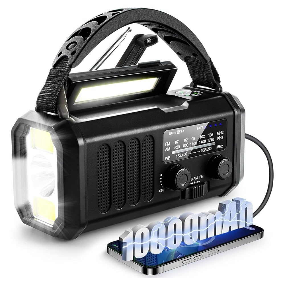 Radio Meteorológica de Emergencia FM/Am/, Radio Portátil con Manivela, Linterna, Energía Solar de 10000 MAh para Acampar Al Aire Libre