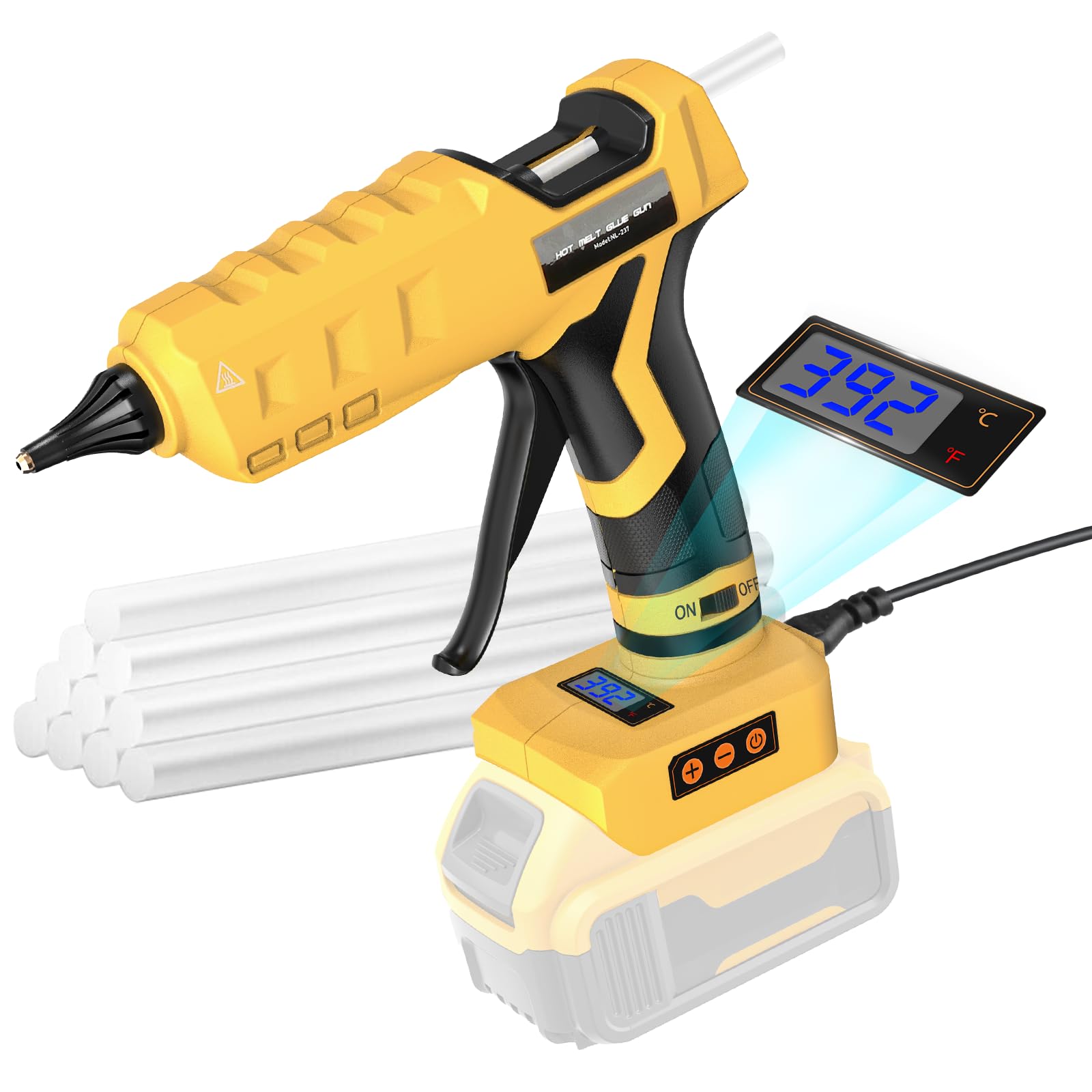 Pistolet à colle chaude 2 en 1 sans fil et filaire, compatible avec batterie Dewalt 20 V, température numérique réglable, taille complète avec 10 bâtons de colle